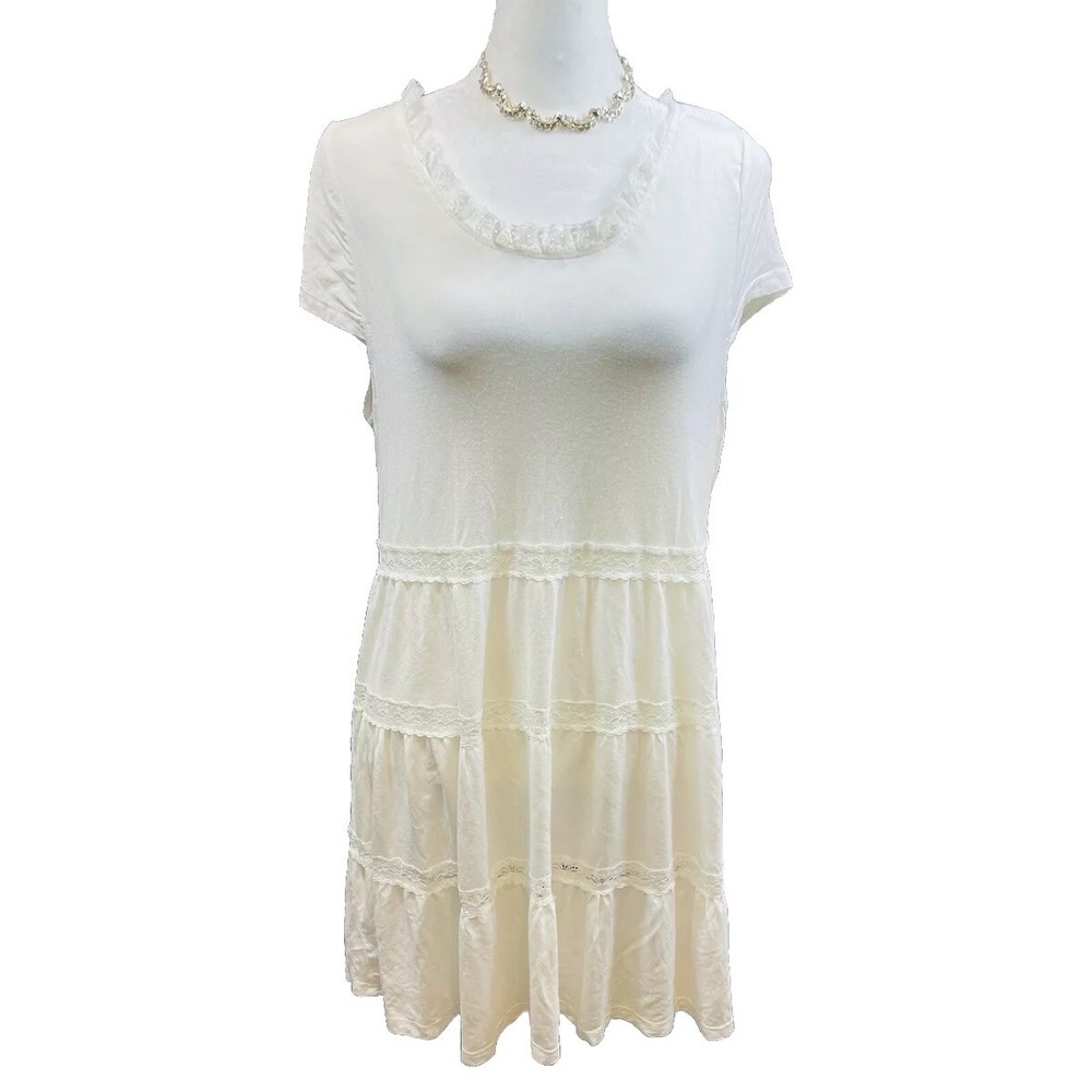 POL Lace Trim Ivory Babydoll Dress Size Large Tiered Cotton Cottage Core